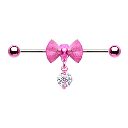 Bow with Dangling CZ Crystal Gem Industrial Barbell - 316L Stainless Steel