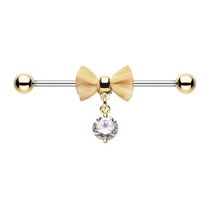 Bow with Dangling CZ Crystal Gem Industrial Barbell - 316L Stainless Steel