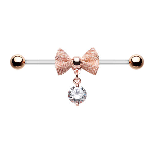 Bow with Dangling CZ Crystal Gem Industrial Barbell - 316L Stainless Steel