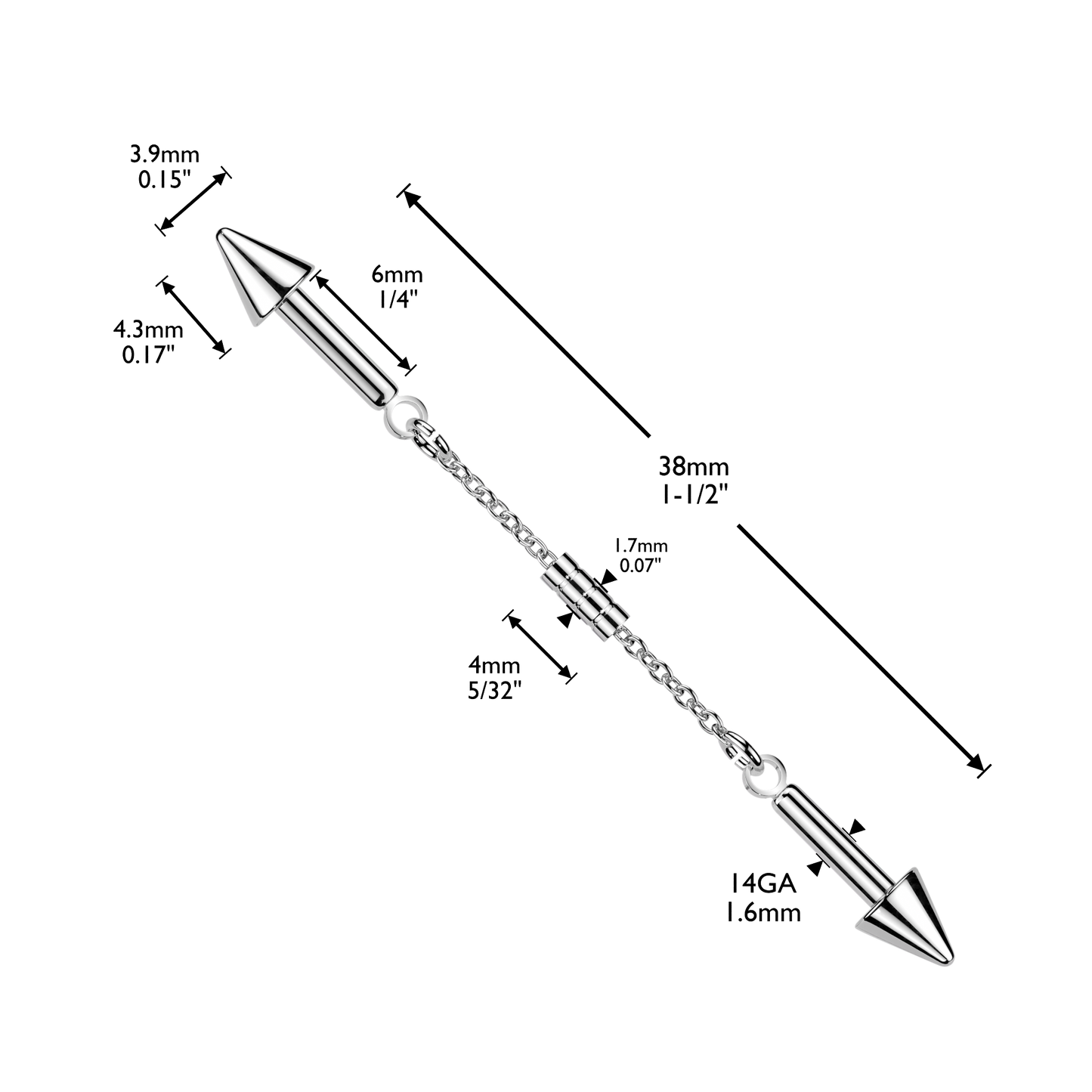 Connector Chain and Spike Ends Industrial Barbell - 316L Stainless Steel