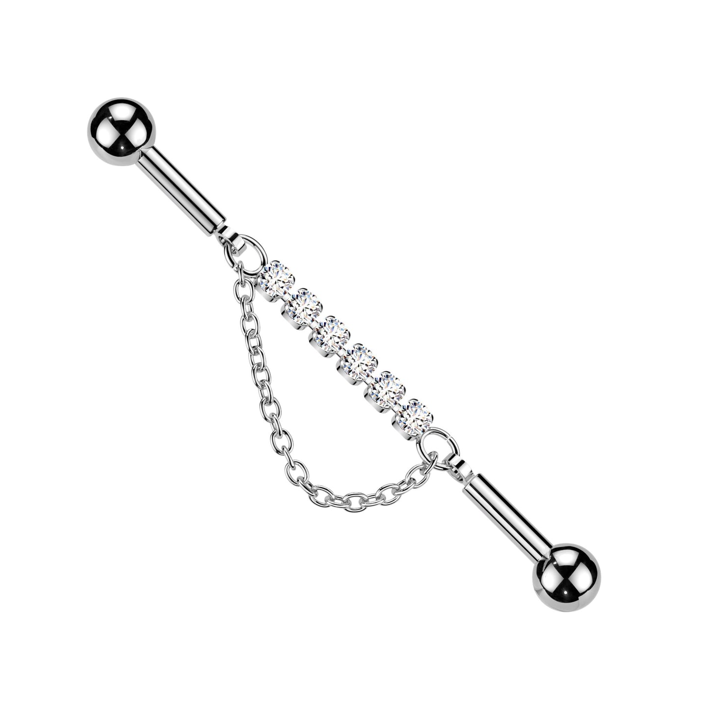 Multi CZ Crystal with Dangling Chain Industrial Barbell - 316L Stainless Steel