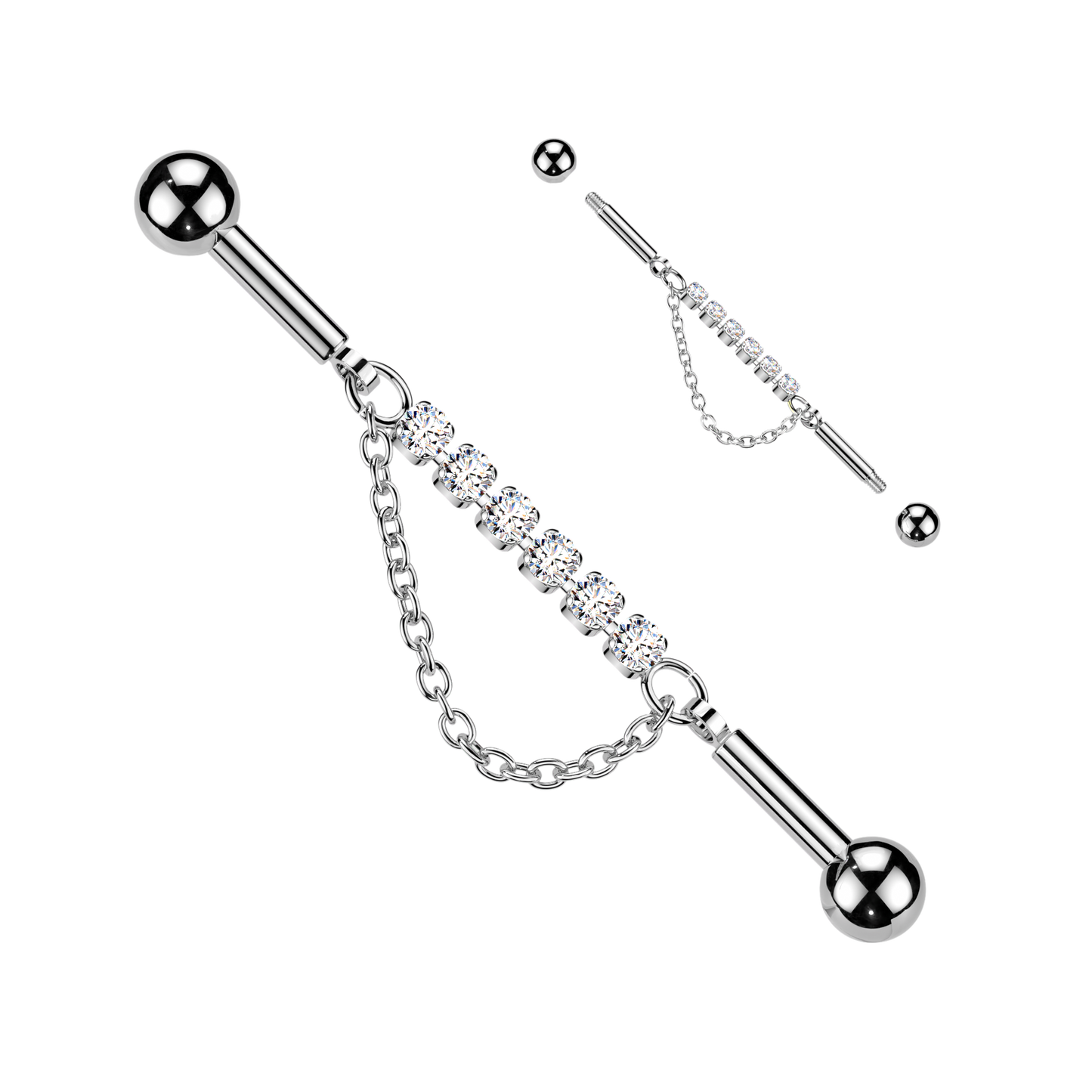 Multi CZ Crystal with Dangling Chain Industrial Barbell - 316L Stainless Steel