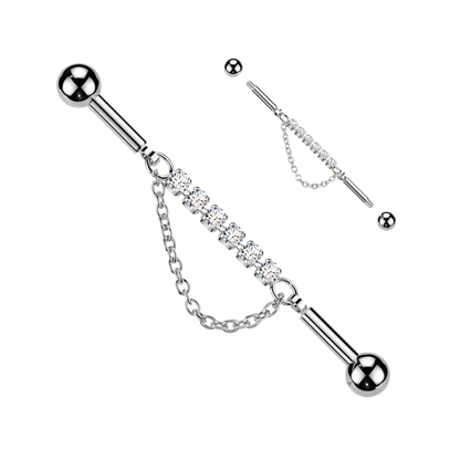 Multi CZ Crystal with Dangling Chain Industrial Barbell - 316L Stainless Steel