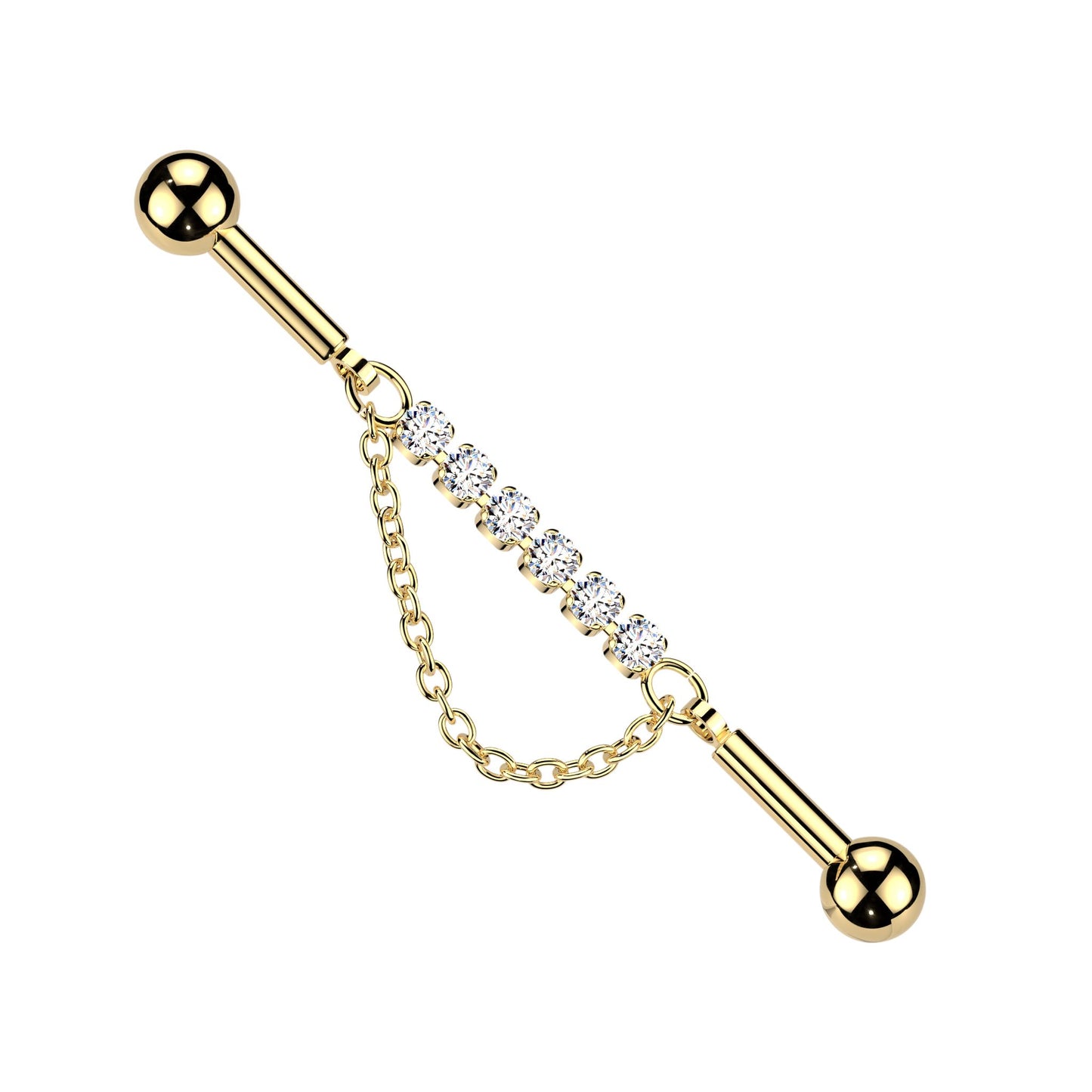 Multi CZ Crystal with Dangling Chain Industrial Barbell - 316L Stainless Steel