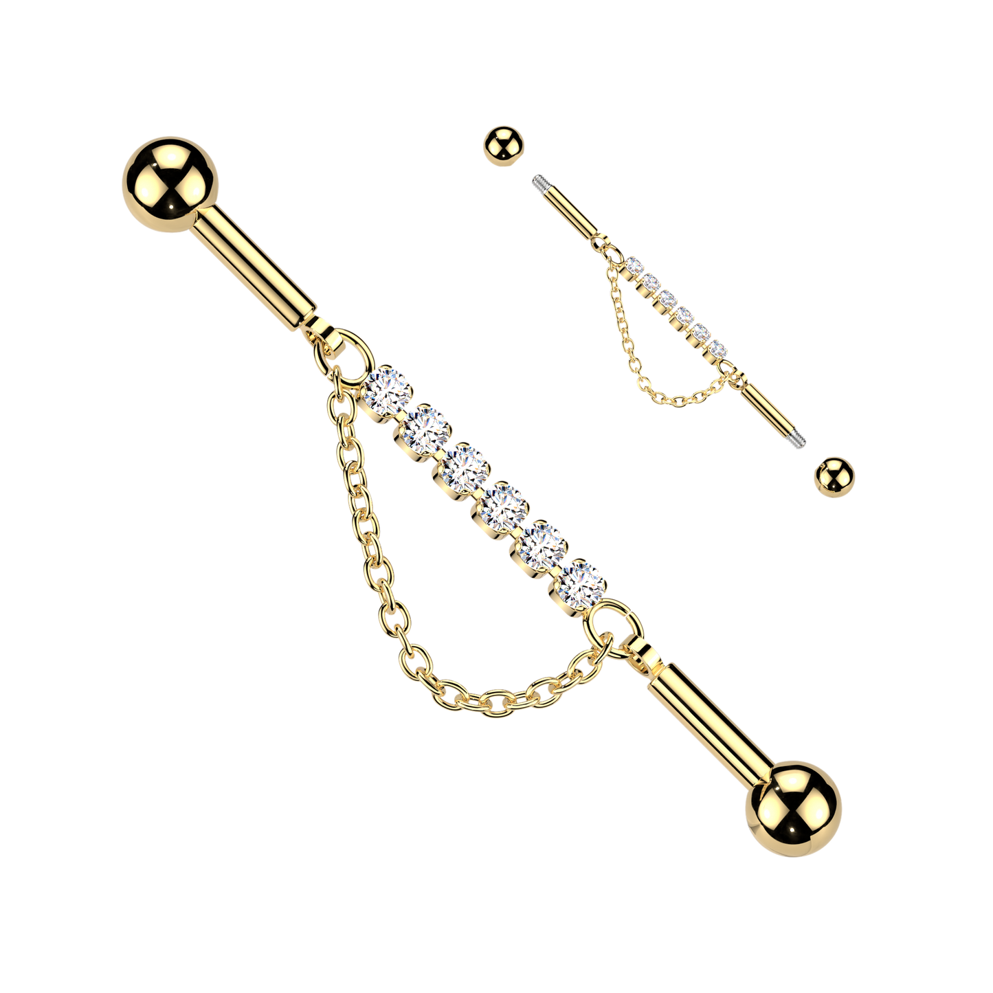 Multi CZ Crystal with Dangling Chain Industrial Barbell - 316L Stainless Steel