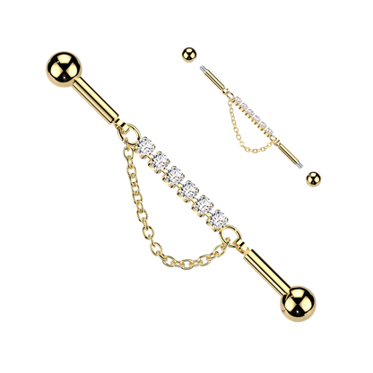 Multi CZ Crystal with Dangling Chain Industrial Barbell - 316L Stainless Steel