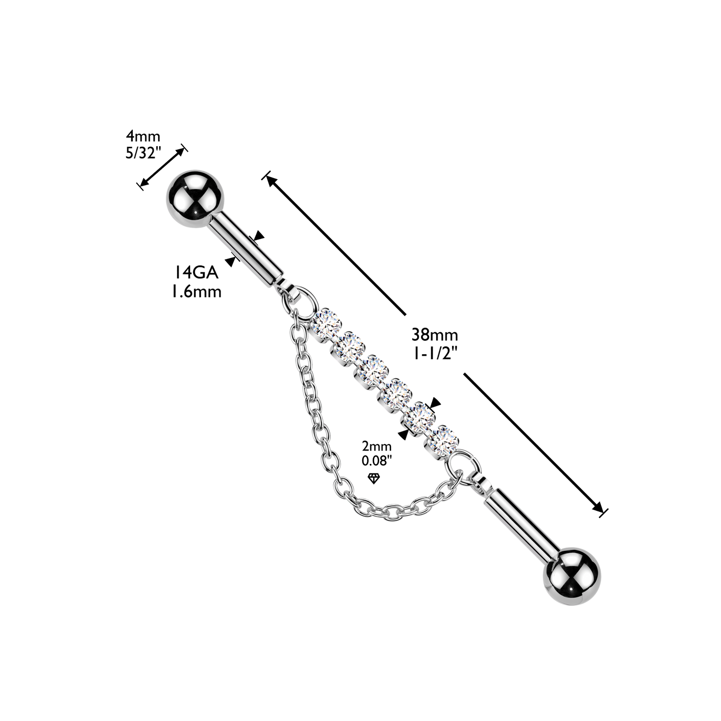 Multi CZ Crystal with Dangling Chain Industrial Barbell - 316L Stainless Steel