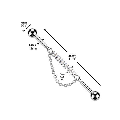 Multi CZ Crystal with Dangling Chain Industrial Barbell - 316L Stainless Steel