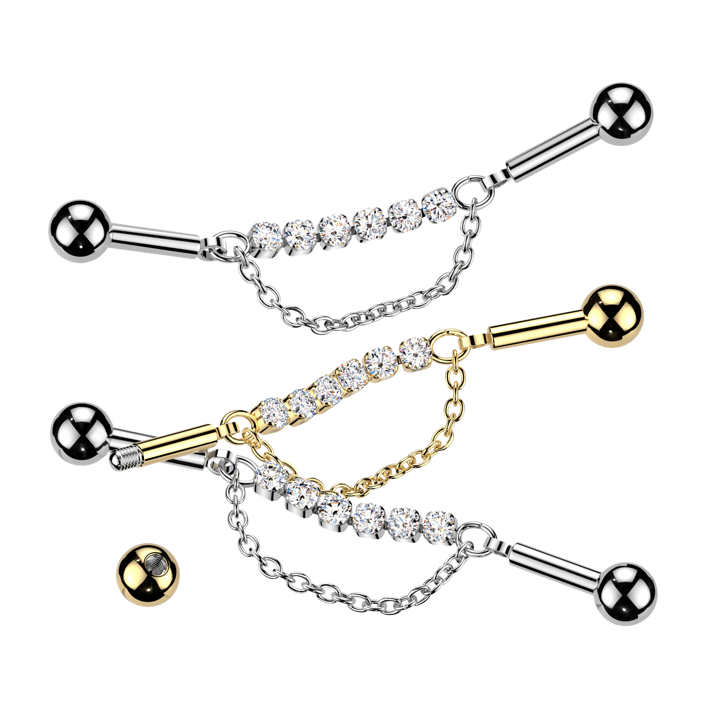 Multi CZ Crystal with Dangling Chain Industrial Barbell - 316L Stainless Steel