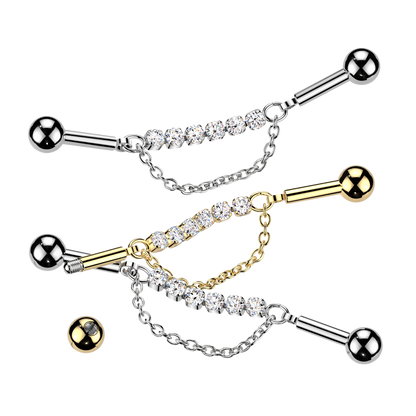 Multi CZ Crystal with Dangling Chain Industrial Barbell - 316L Stainless Steel