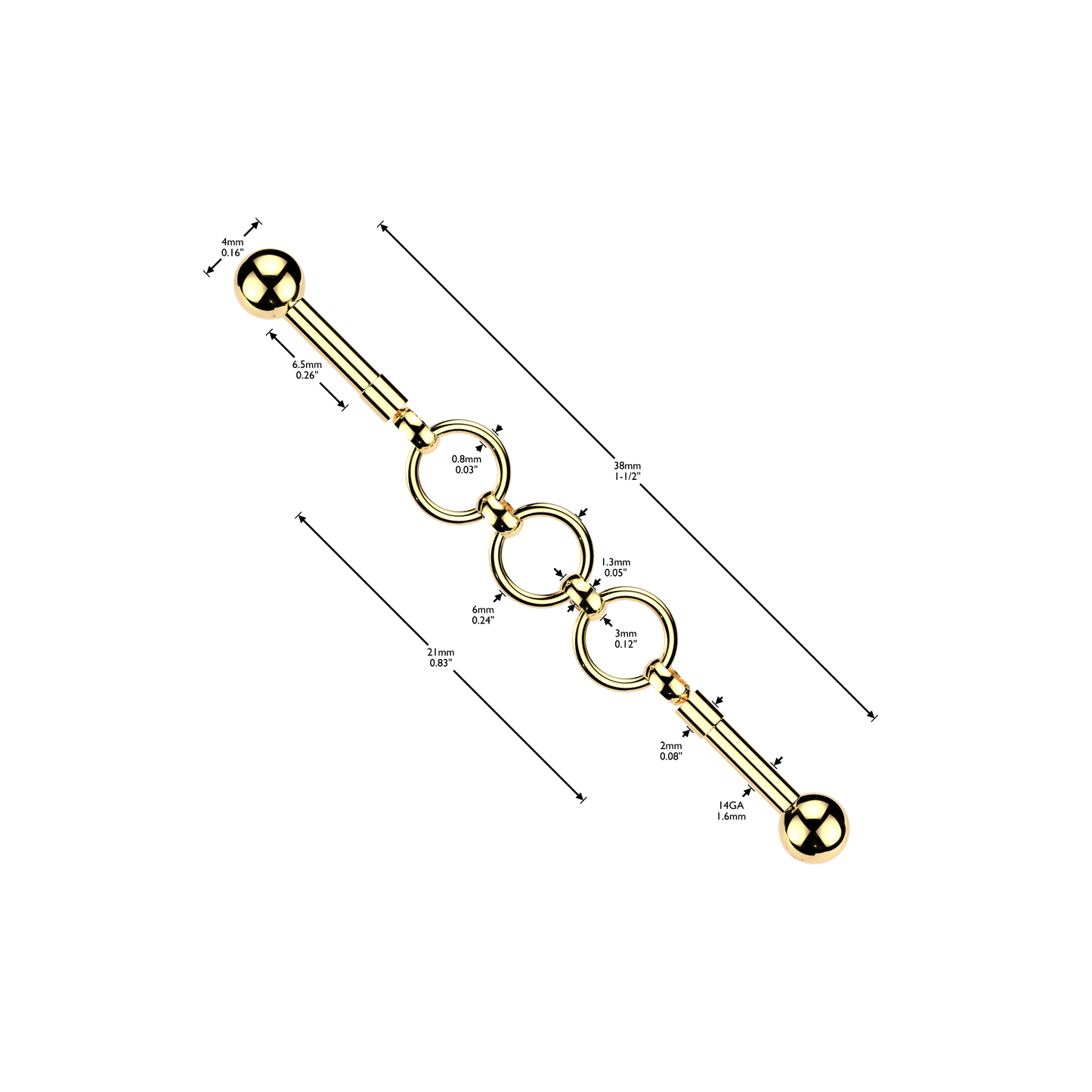 Triple Connecting Hoops Industrial Barbell - 316L Stainless Steel