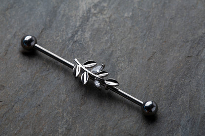 CZ Crystal Leaf Industrial Barbell - Stainless Steel