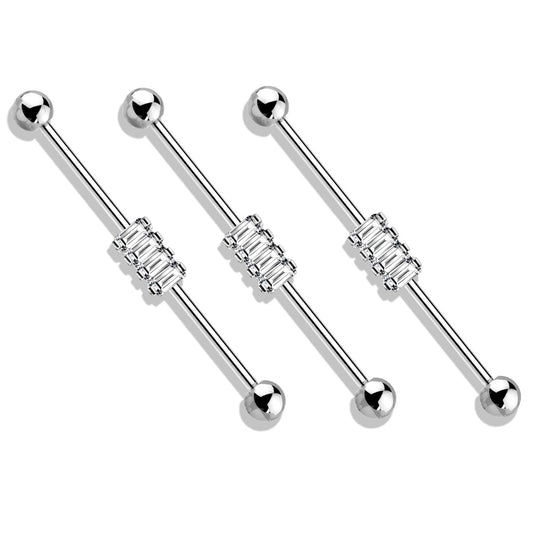 Set of 3 Clear Stacked Rectangular CZ Crystals Industrial Barbells - 316L Stainless Steel