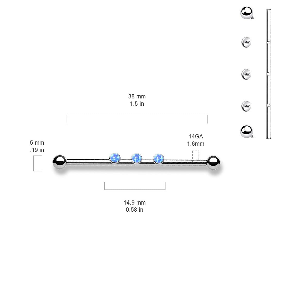 Internally Threaded Triple Round Synthetic Opal Industrial Barbell - Stainless Steel