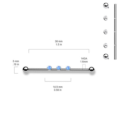 Internally Threaded Triple Round Synthetic Opal Industrial Barbell - Stainless Steel