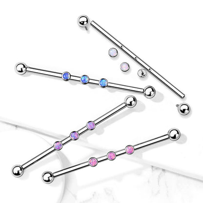 Internally Threaded Triple Round Synthetic Opal Industrial Barbell - Stainless Steel