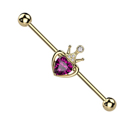 Crown with Pink Gem Heart Industrial Barbell - Gold PVD 316L Stainless Steel