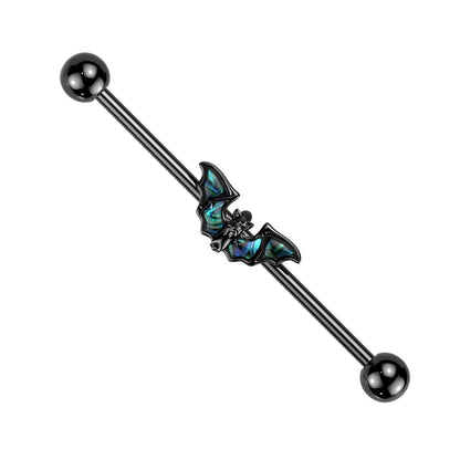 Black PVD Plated Bat with Abalone Wings Industrial Barbell - 316L Stainless Steel