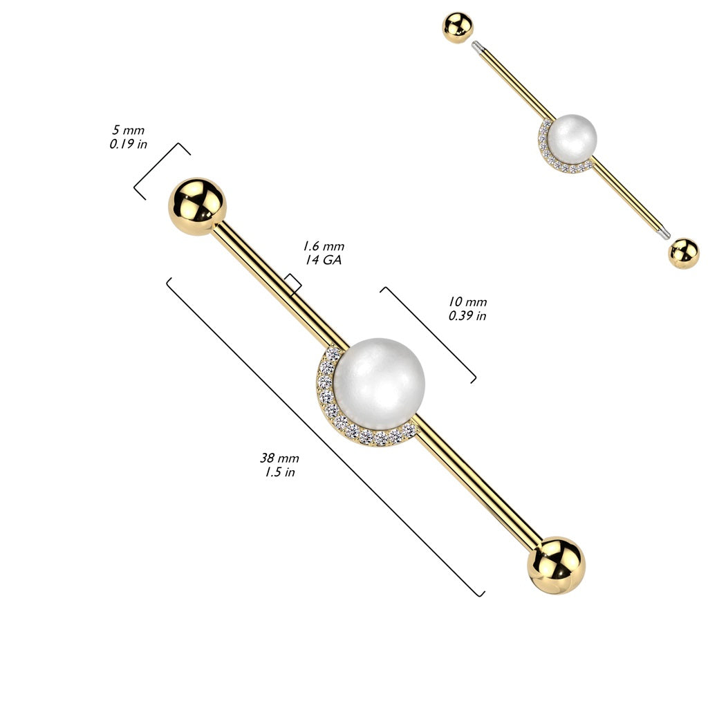 Synthetic Pearl Center with Half CZ Crystal Edge Industrial Barbell - 316L Stainless Steel