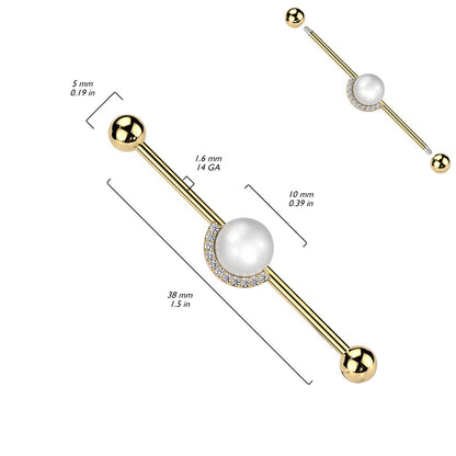 Synthetic Pearl Center with Half CZ Crystal Edge Industrial Barbell - 316L Stainless Steel