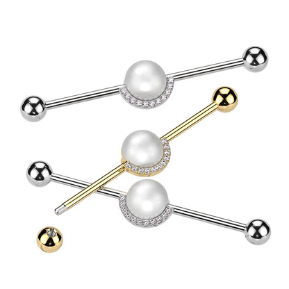 Synthetic Pearl Center with Half CZ Crystal Edge Industrial Barbell - 316L Stainless Steel