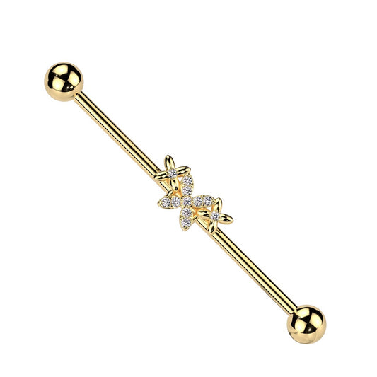 Triple Butterfly with CZ Crystals Industrial Barbell - 316L Stainless Steel