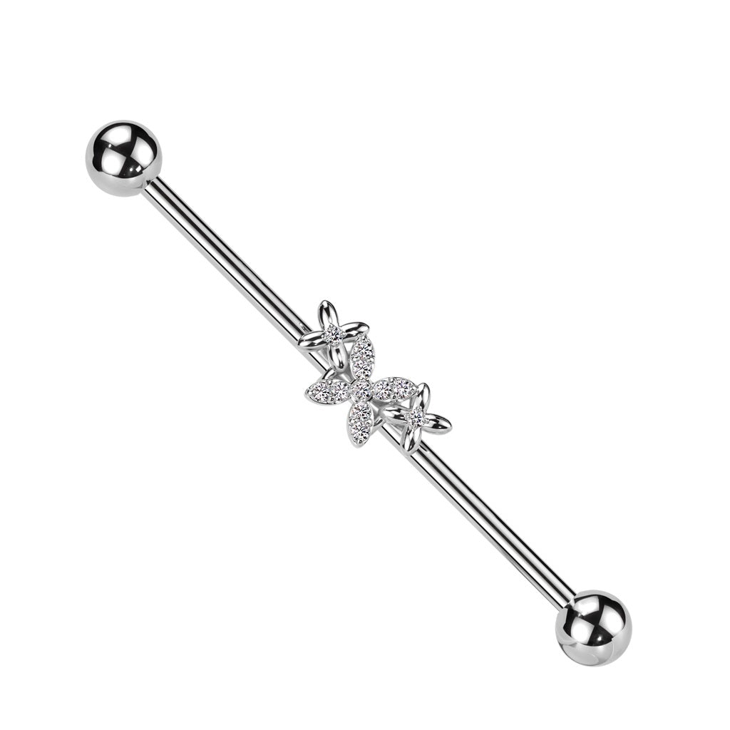 Triple Butterfly with CZ Crystals Industrial Barbell - 316L Stainless Steel