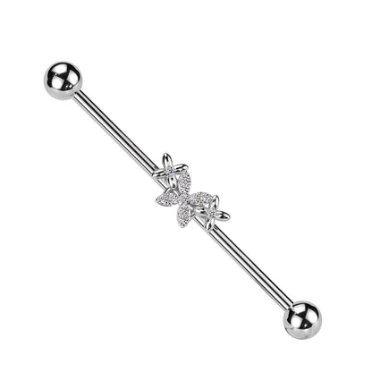 Triple Butterfly with CZ Crystals Industrial Barbell - 316L Stainless Steel