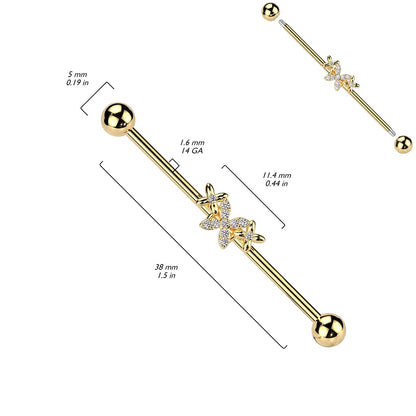 Triple Butterfly with CZ Crystals Industrial Barbell - 316L Stainless Steel