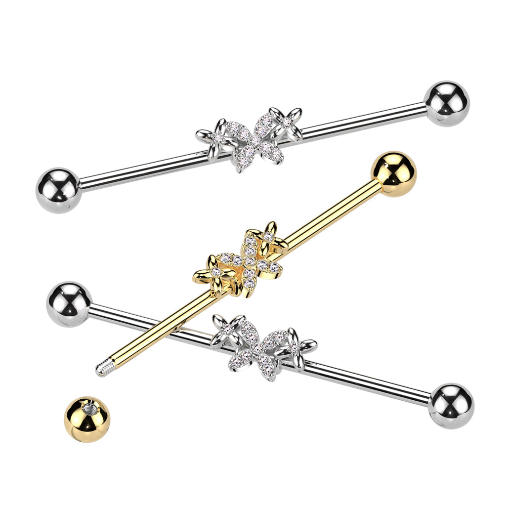 Triple Butterfly with CZ Crystals Industrial Barbell - 316L Stainless Steel