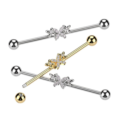 Triple Butterfly with CZ Crystals Industrial Barbell - 316L Stainless Steel