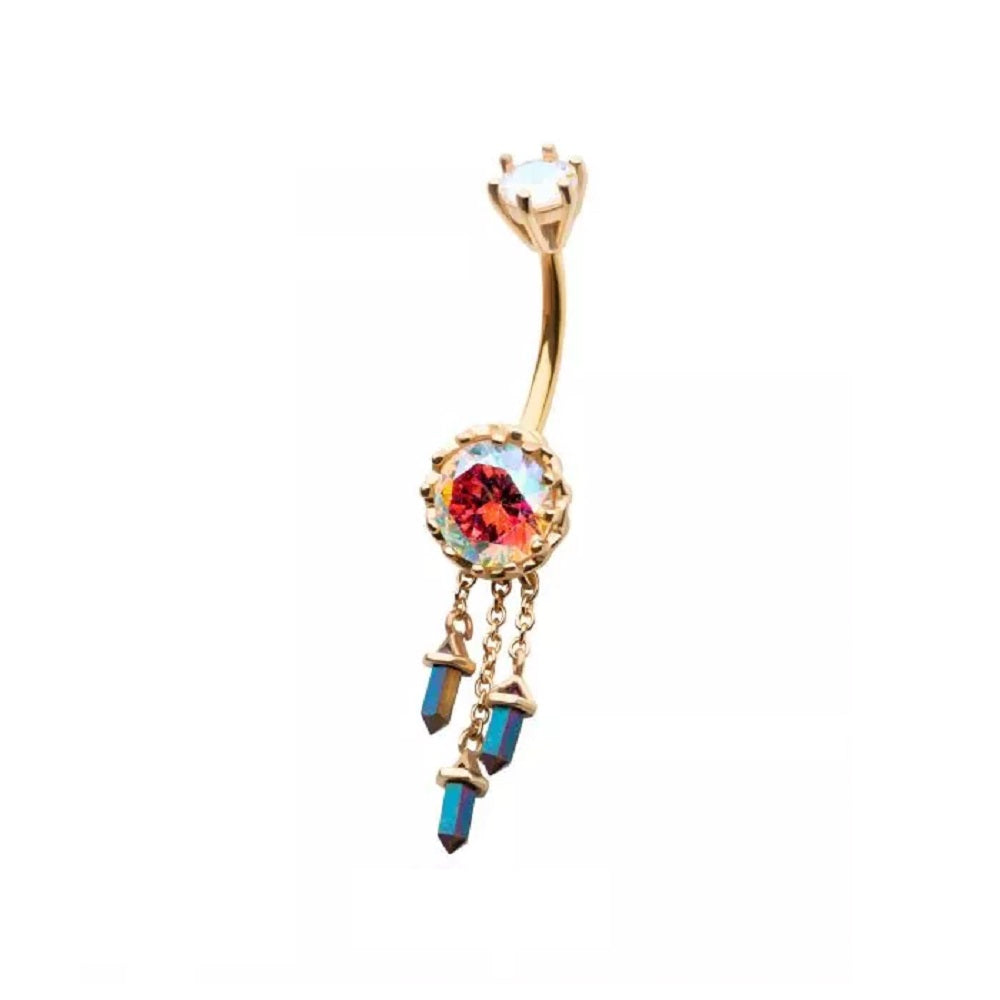 Aurora Borealis Gem with Triple Dangling Charms Belly Button Ring - 316L Stainless Steel