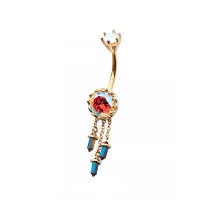 Aurora Borealis Gem with Triple Dangling Charms Belly Button Ring - 316L Stainless Steel