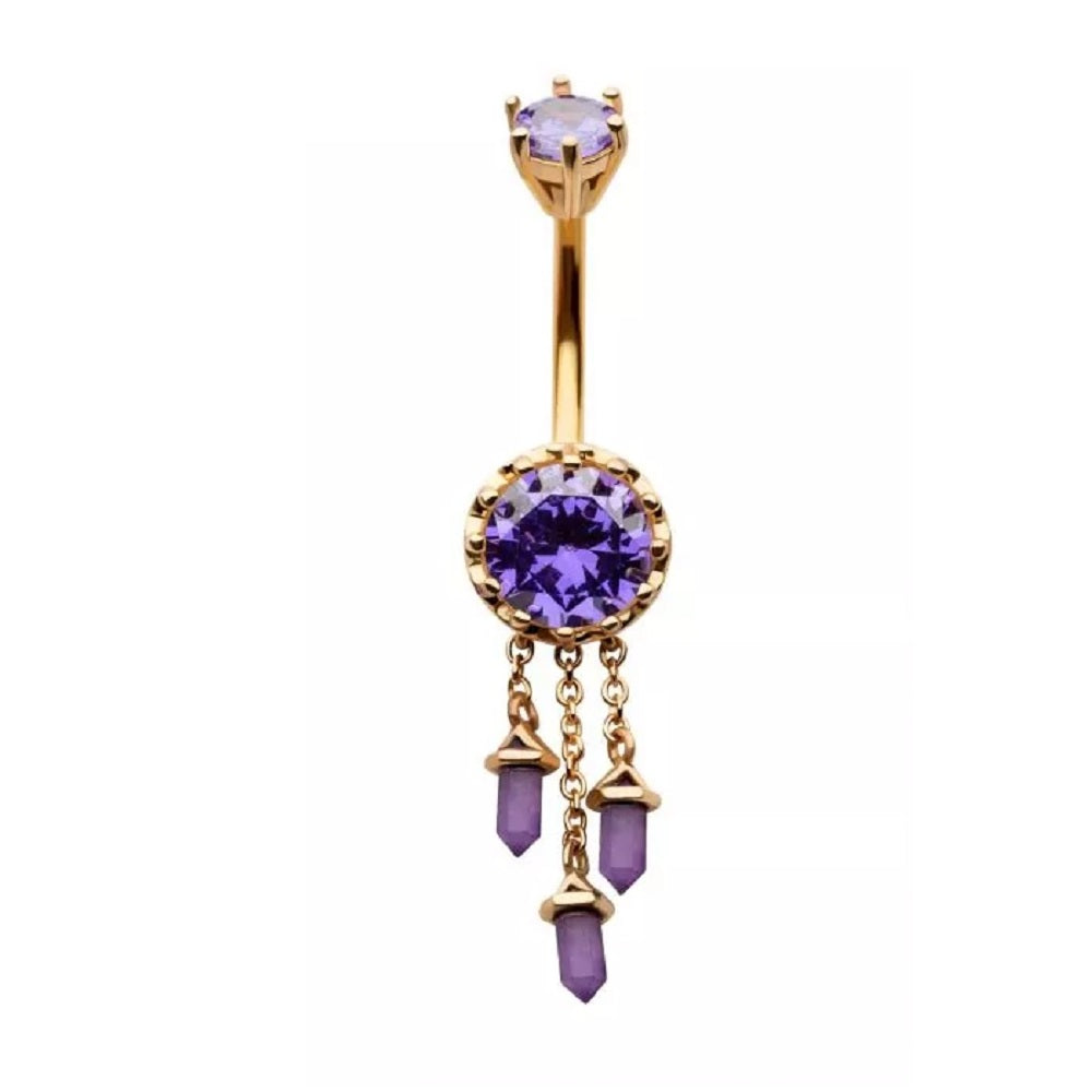 Amethyst Gem with Triple Dangling Charms Belly Button Ring - 316L Stainless Steel