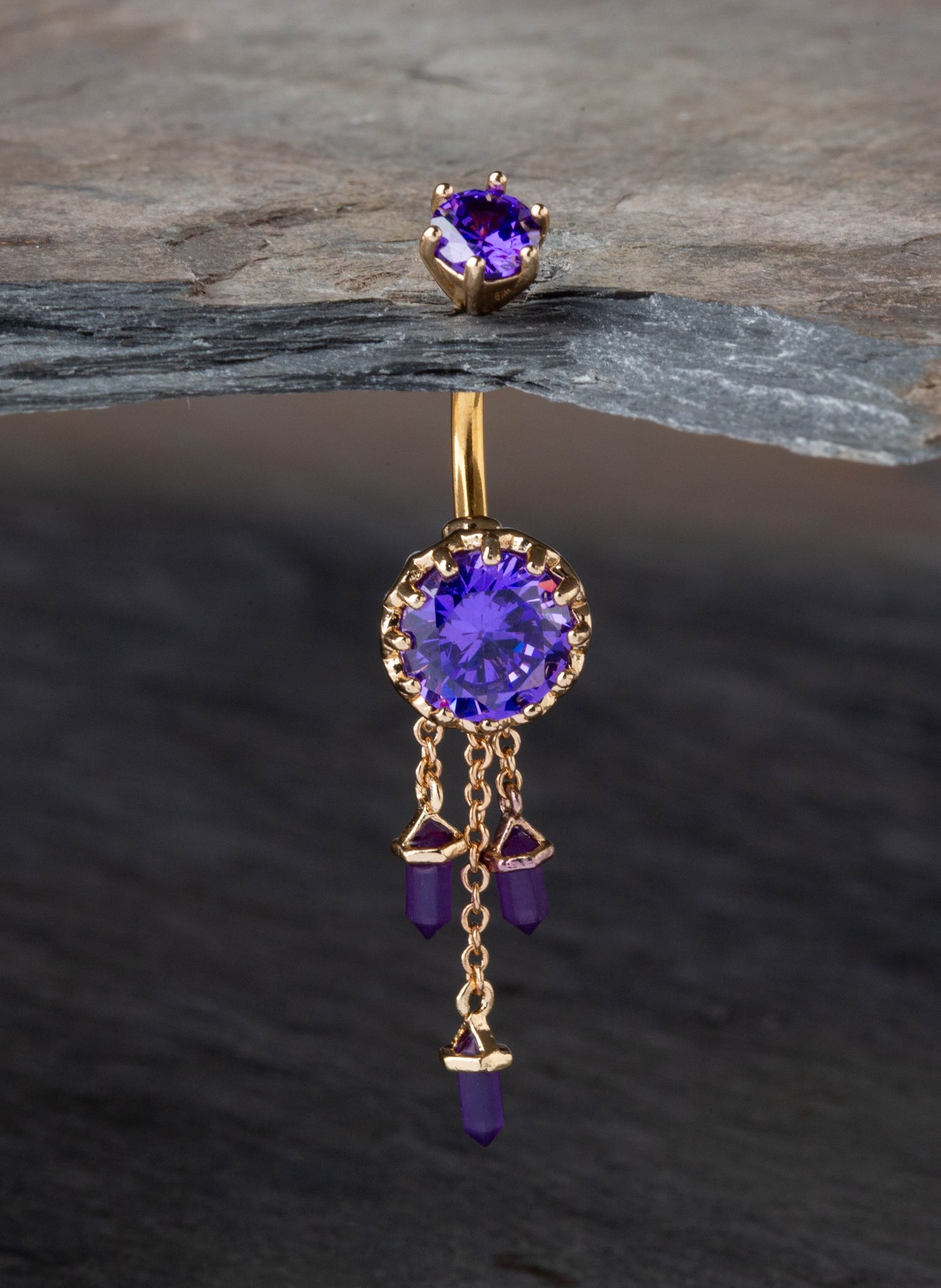 Amethyst Gem with Triple Dangling Charms Belly Button Ring - 316L Stainless Steel