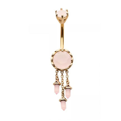 Pink Gem with Triple Dangling Charms Belly Button Ring - 316L Stainless Steel