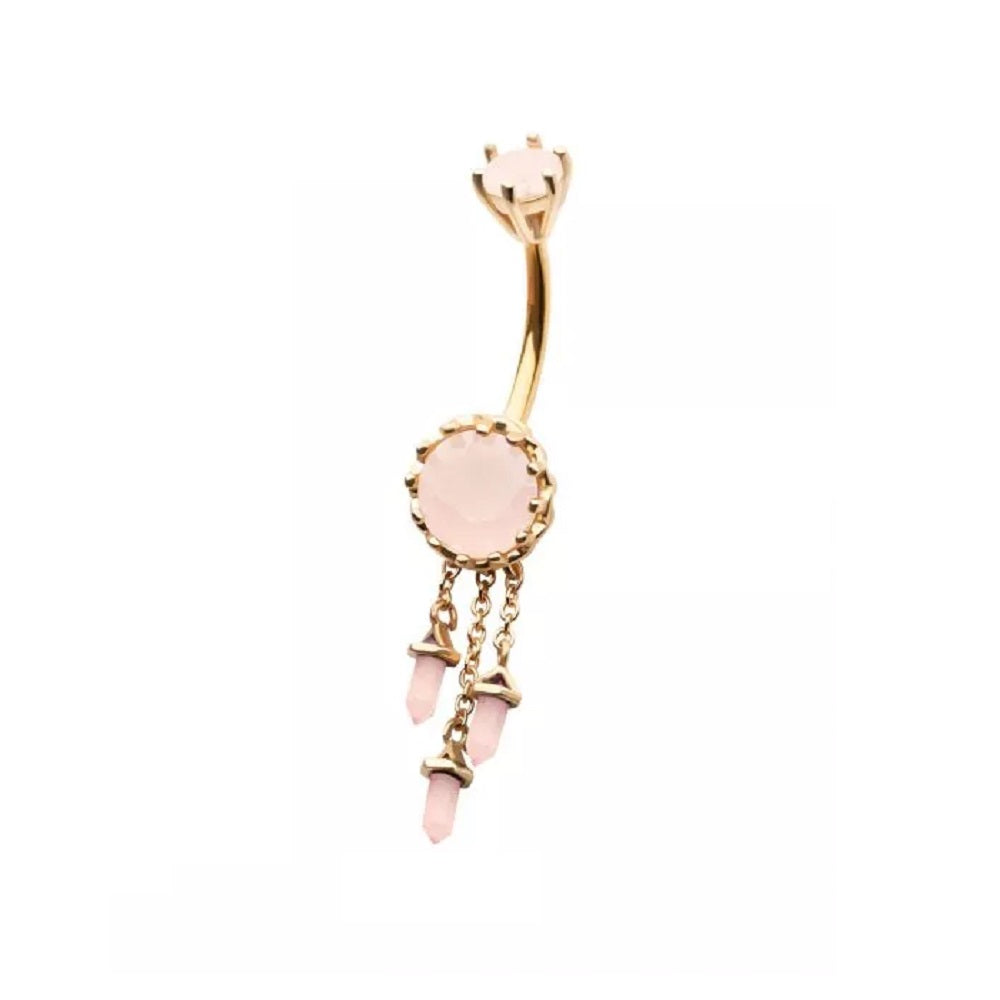 Pink Gem with Triple Dangling Charms Belly Button Ring - 316L Stainless Steel