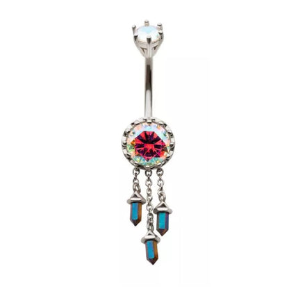 Aurora Borealis Gem with Triple Dangling Charms Belly Button Ring - 316L Stainless Steel