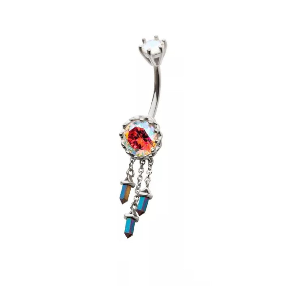 Aurora Borealis Gem with Triple Dangling Charms Belly Button Ring - 316L Stainless Steel