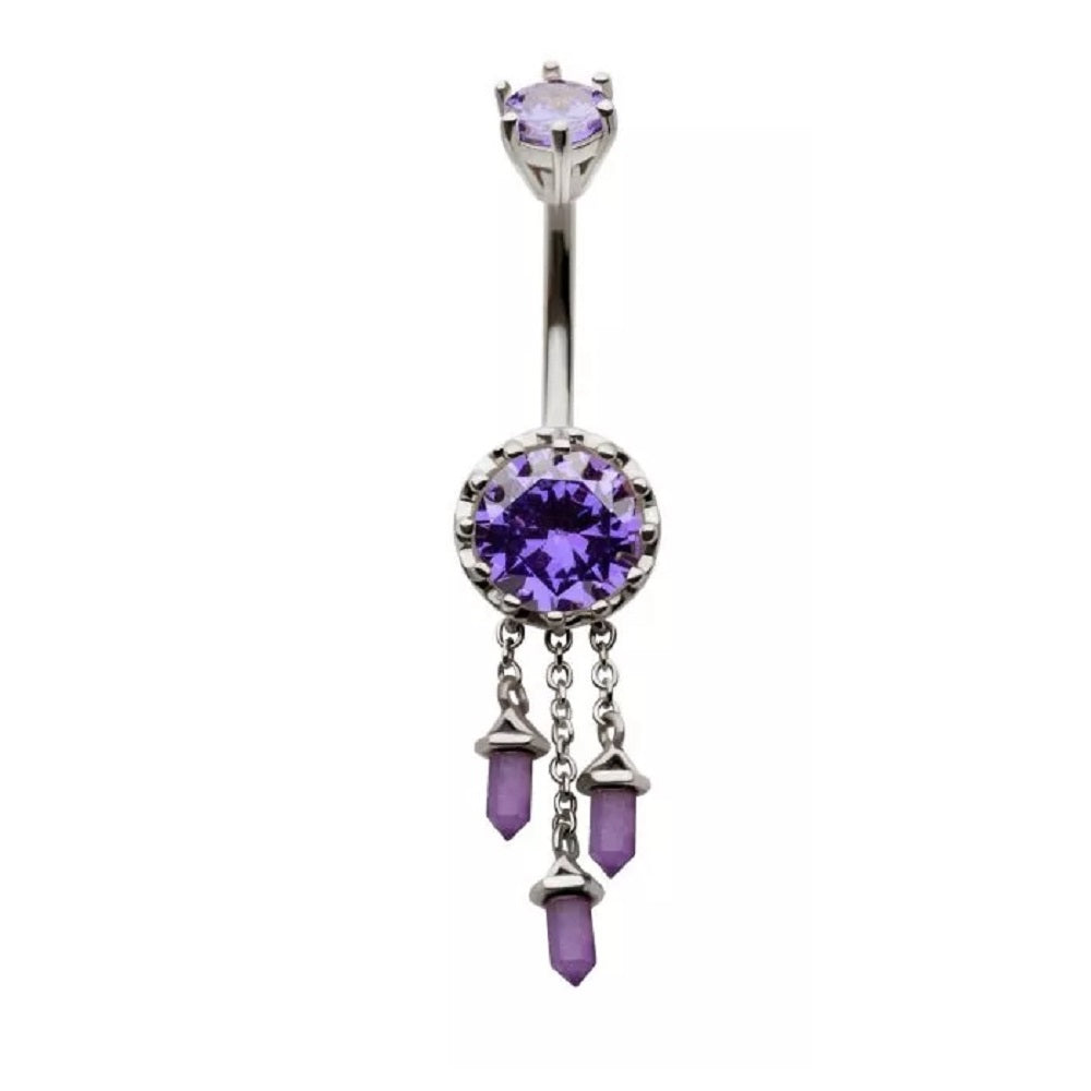 Amethyst Gem with Triple Dangling Charms Belly Button Ring - 316L Stainless Steel