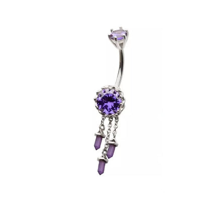 Amethyst Gem with Triple Dangling Charms Belly Button Ring - 316L Stainless Steel