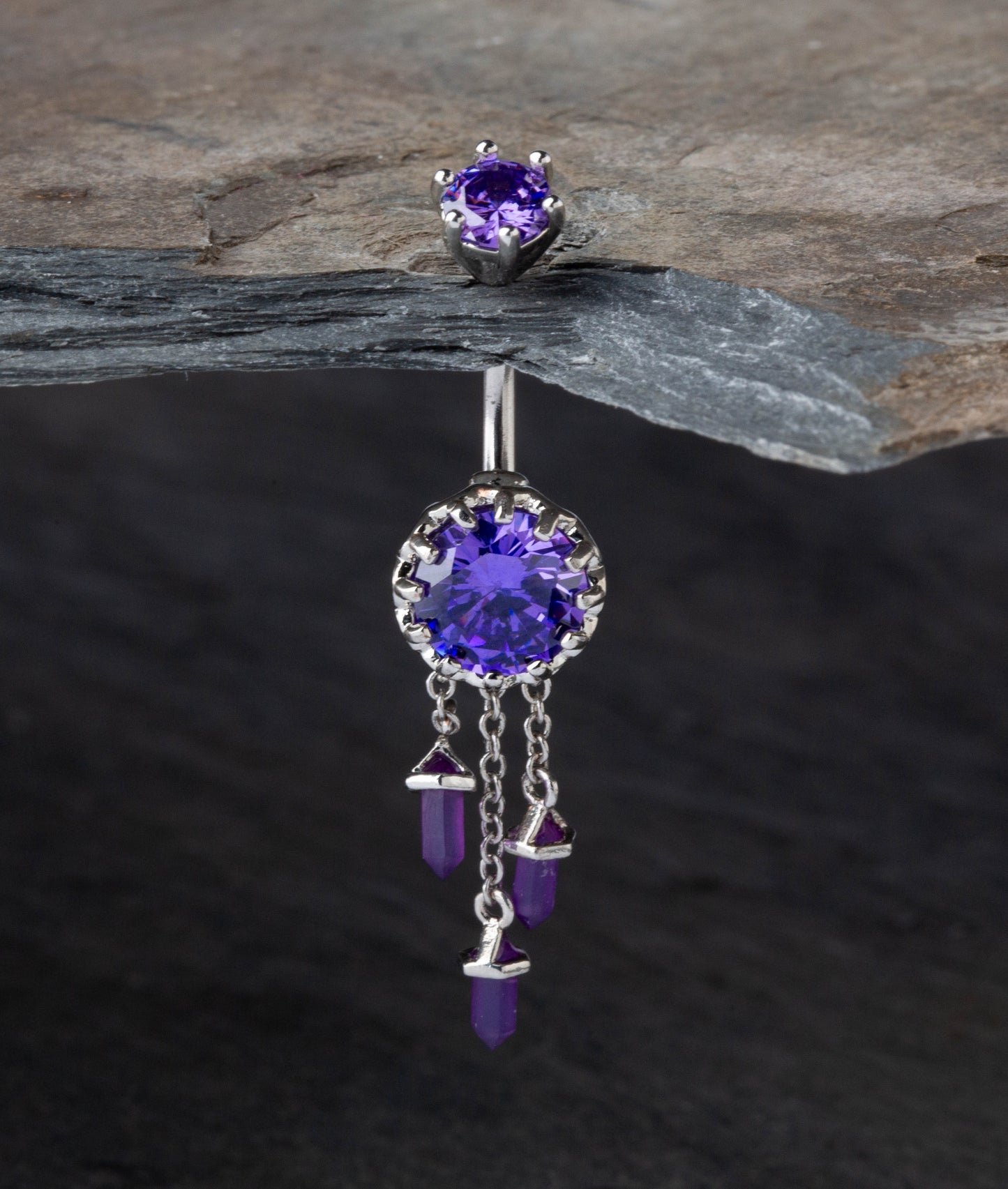 Amethyst Gem with Triple Dangling Charms Belly Button Ring - 316L Stainless Steel