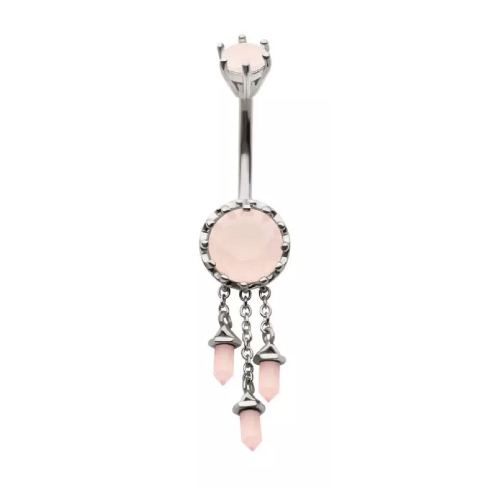 Pink Gem with Triple Dangling Charms Belly Button Ring - 316L Stainless Steel