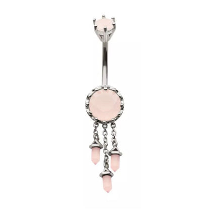 Pink Gem with Triple Dangling Charms Belly Button Ring - 316L Stainless Steel