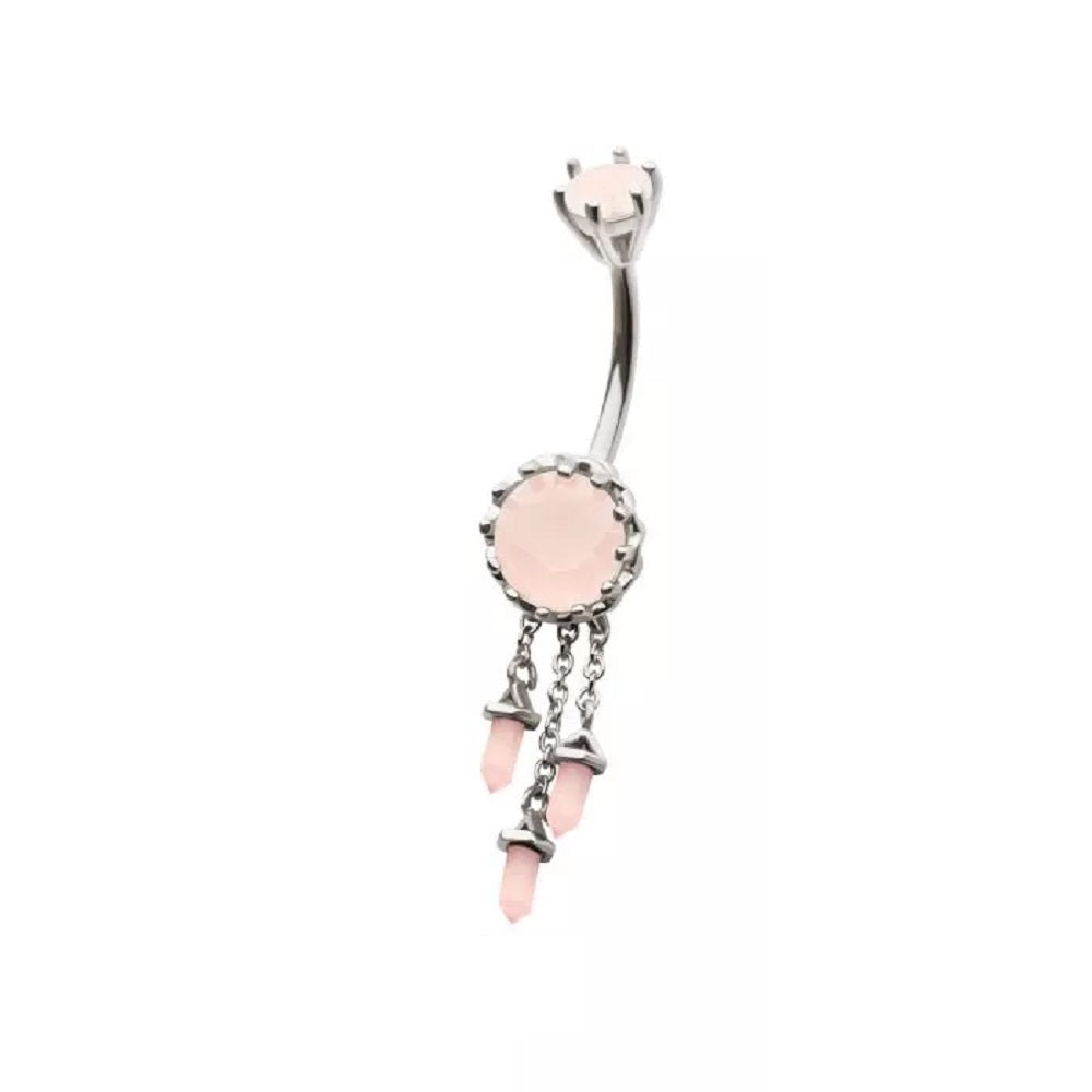 Pink Gem with Triple Dangling Charms Belly Button Ring - 316L Stainless Steel