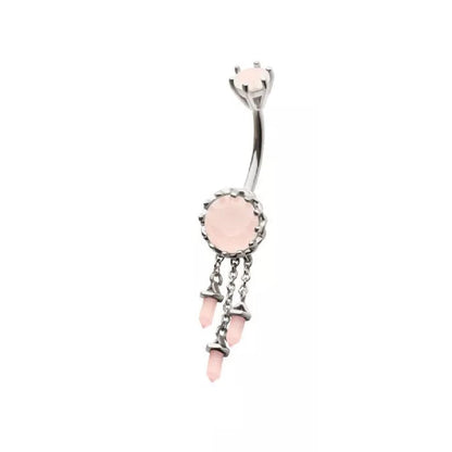 Pink Gem with Triple Dangling Charms Belly Button Ring - 316L Stainless Steel