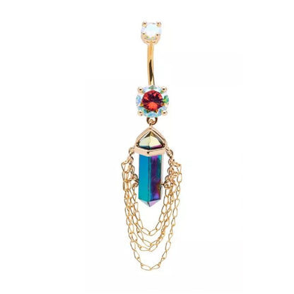 Aurora Borealis Crystal with 4 Tiered Dangling Chains Belly Button Ring - 316L Stainless Steel