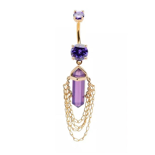 Amethyst Crystal with 4 Tiered Dangling Chains Belly Button Ring - 316L Stainless Steel