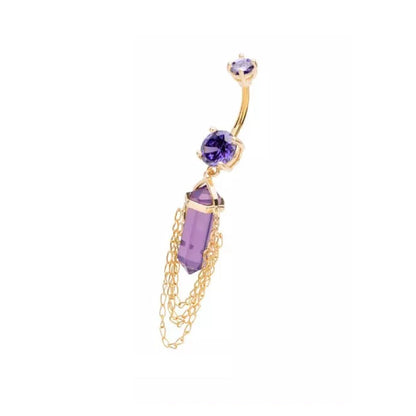 Amethyst Crystal with 4 Tiered Dangling Chains Belly Button Ring - 316L Stainless Steel