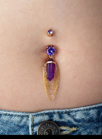 Amethyst Crystal with 4 Tiered Dangling Chains Belly Button Ring - 316L Stainless Steel